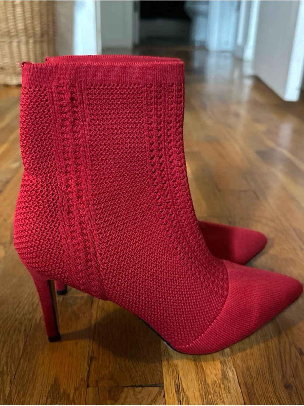 Red Knit Pointed-Toe Stiletto Ankle Boots - Women